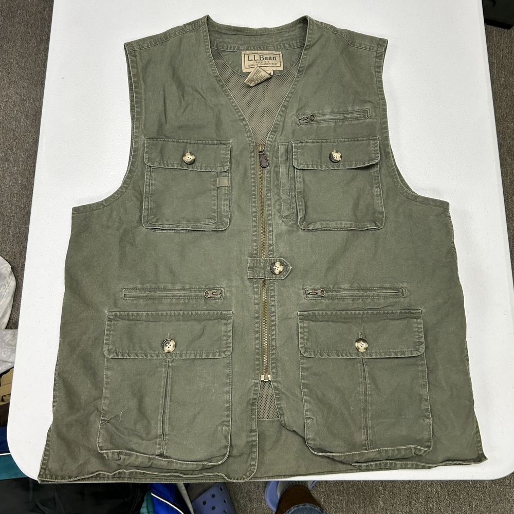 LL Bean Utility Vest Mens Large Green Cotton Canvas Multi-Pocket Mesh Lined